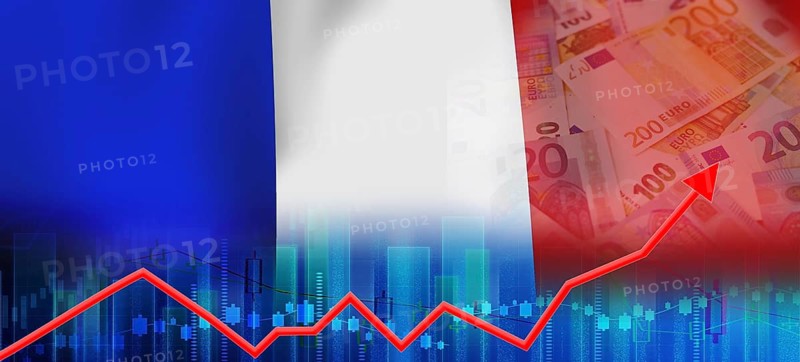 Growth of the French economy on the financial graph. France economy recovery on bar chart