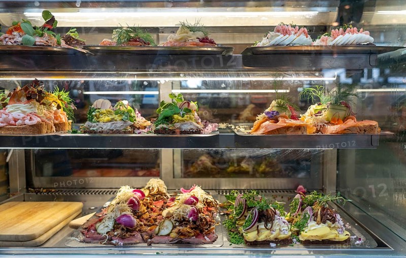 Torvehallerne market halls with market stalls, all kinds of food, restaurants, snack bars, Copenhagen, Smørrebrød restaurant, Denmark, Europe