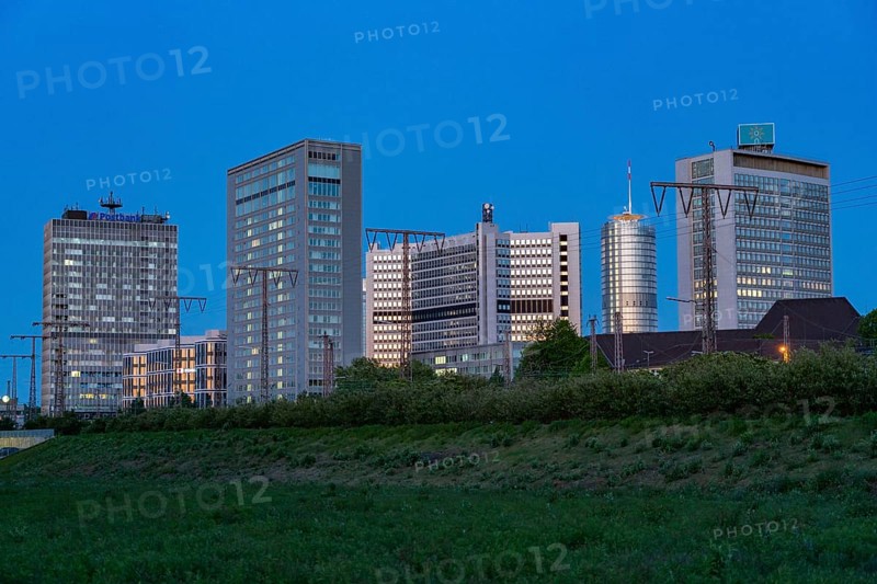 Skyline of Essen city centre with various administrative buildings and headquarters of large companies such as RWE, EVONIK, Postbank, Essen, North Rhine-Westphalia, Germany, Europe