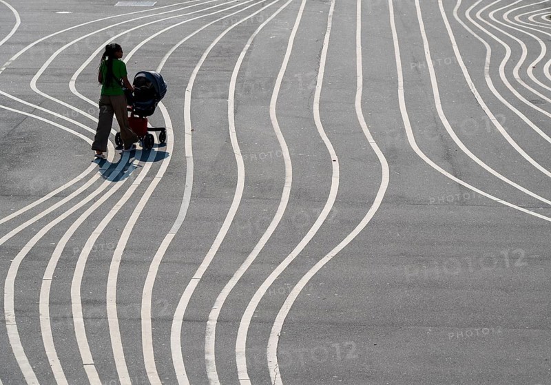 The Nørrebro district in Copenhagen, lively, multicultural and student neighbourhood, Superkilen Park, Den Sorte Plads, square designed with white lines, playgrounds, cultural facilities, sports equipment, cycle path, Denmark, Europe