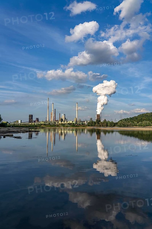 Industrial backdrop of the ThyssenKrupp Steel steelworks in Bruckhausen, on the Rhine, Schwelgern coking plant, discharge cloud, bay in the Rhine near Duisburg Bärl, Duisburg, North Rhine-Westphalia, Germany, Europe