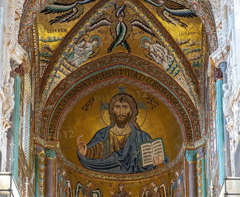 Christ Pantocrator mosaic, Cefalù Cathedral, Cefalu, Sicily, Italy, Europe