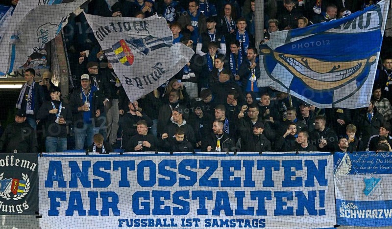 Banner, fan poster, banner, poster, banner, fan action for kick-off times on Saturday, fan block, fans, fan curve, flags, flags, atmosphere, atmospheric TSG 1899 Hoffenheim, Voith-Arena, Heidenheim, Baden-Württemberg, Germany, Europe