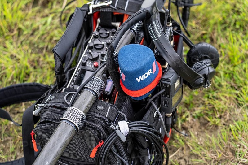 Symbolic image media, sound recorder, with microphones, sound boom, headphones, of a TV team of the WDR, North Rhine-Westphalia, Germany, Europe