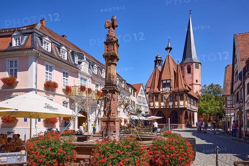 Market fountain with blooming geraniums and historic town hall on the market square under a cloudless blue sky in Michelstadt, Odenwald, Odenwaldkreis, Hesse, Germany, Europe
