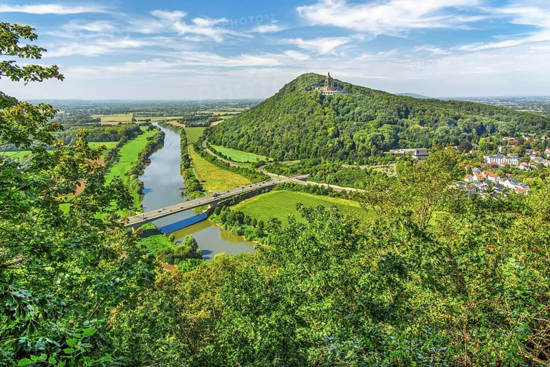 Weser breakthrough into the North German Plain with Kaiser Wilhelm Monument, Porta Westfalica, Weser. Weser valley, Weserbergland, North Rhine-Westphalia, Germany, Europe