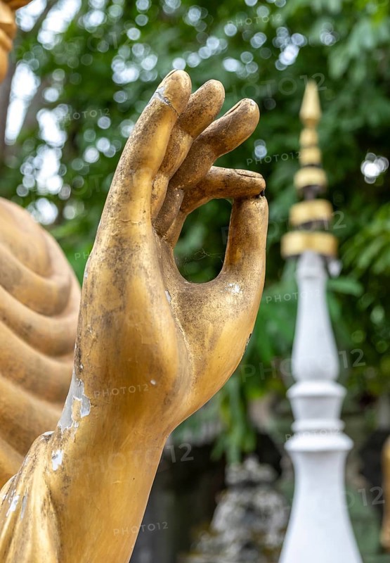 Close-up of Vitarka Mudra, hand gesture signifying the transmission of teachings of the Buddha, Wat Choumkhong, Luang Prabang, Laos, Asia