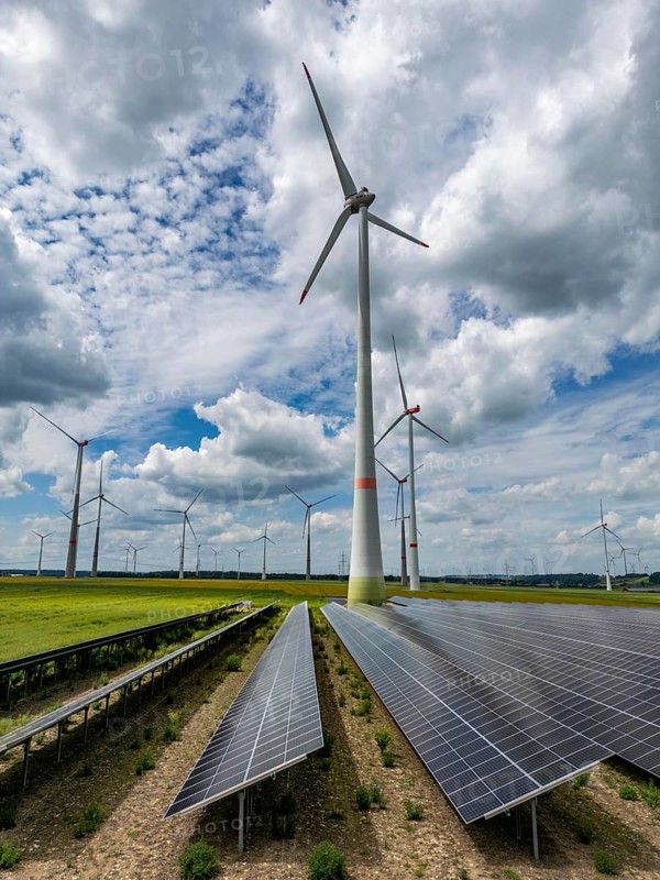 Wind farm near Marsberg, photovoltaic system, utilisation of land for renewable energies, Hochsauerlandkreis, North Rhine-Westphalia, Germany, Europe