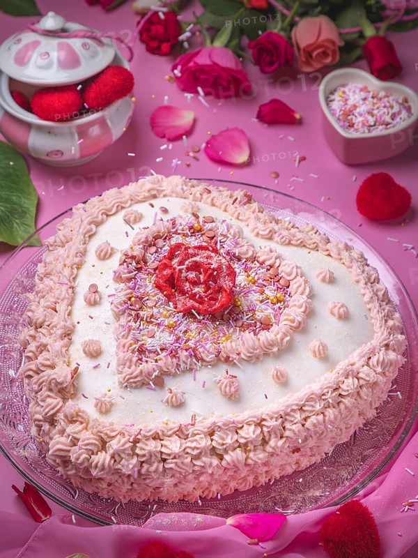 A heart-shaped cake decorated in pink and white, surrounded by petals, roses, flying sugar sprinkles and a pink background