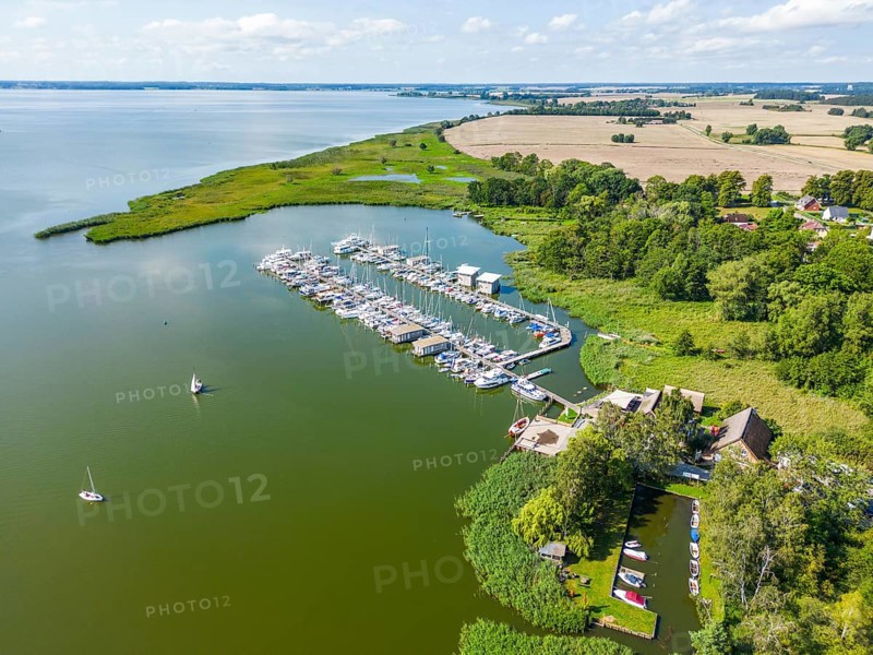 Aerial view, drone photo of the Krummin natural harbour, Krumminer Wiek on the Peene River, Usedom Island, Mecklenburg-Western Pomerania, Germany, Europe