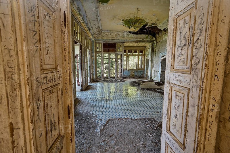Abandoned building with large windows and dirty tiles, the dilapidated interior has clear signs of decay, Mussolini Villa, Villa de Vecchi, Profitis Ilias, Empona, Rhodes, Dodecanese, Greek Islands, Greece, Europe