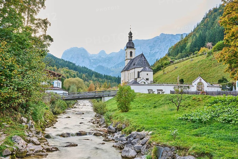 Church St. Sebastian in Ramsau, Ramsauer Ache River in autumn, Idyllic village, Berchtesgadener Land, Bavaria, Germany, Europe