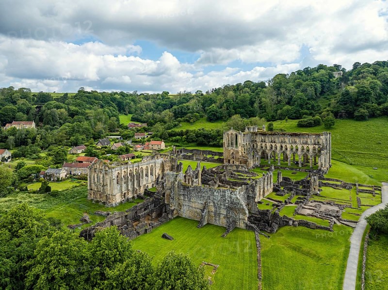 Rievaulx Abbey from a drone, North York Moors National Park, North Yorkshire, England, United Kingdom, Europe