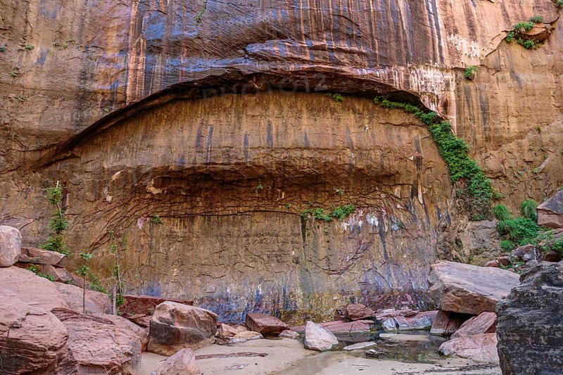 Blind arch in the sandstone rock along the Riverside Walk in the Temple of Sinawava area of Zion National Park, Utah