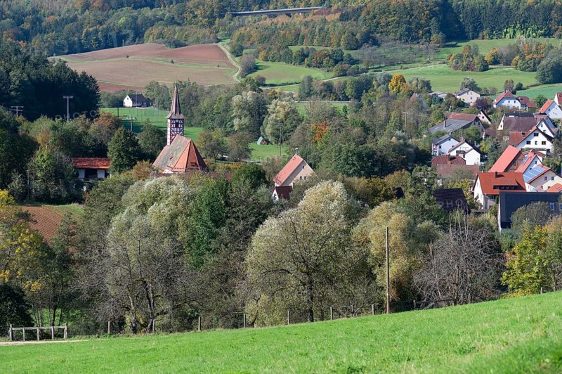 Franconian village Osternohe with the Trinity Church, behind the motorway A9, Middle Franconia, Bavaria, Germany, Europe