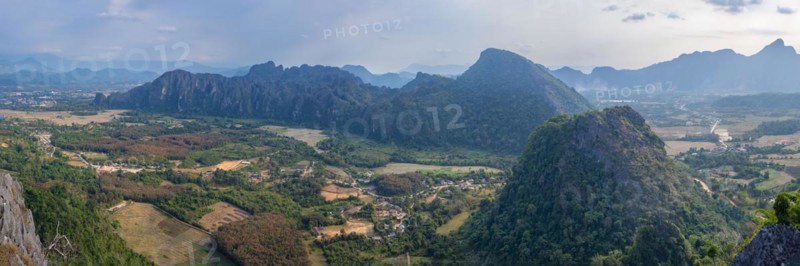 Panorama of Vang Vieng and the Kart landscape from Pha Ngern View Point, Vientiane Province, Laos, Asia