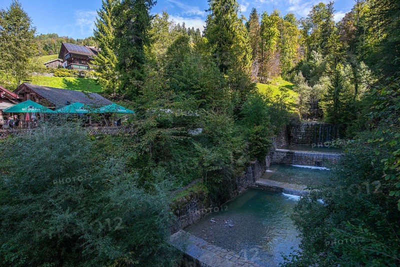 Artificial waterfalls at the entrance to the Rappenloch Gorge Natural Monument, Dornbirner Ach, Restaurant, Dornbirn, Bregenzerwald, Austria, Europe