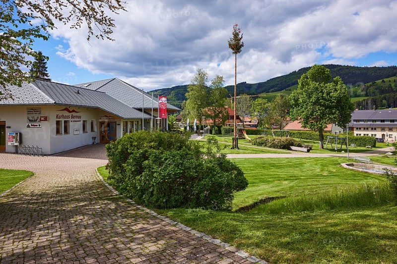 Spa hotel and spa garden with maypole in the Innerlehen district, Bernau im Black Forest, Black Forest, Waldshut district, Baden-Württemberg, Germany, Europe