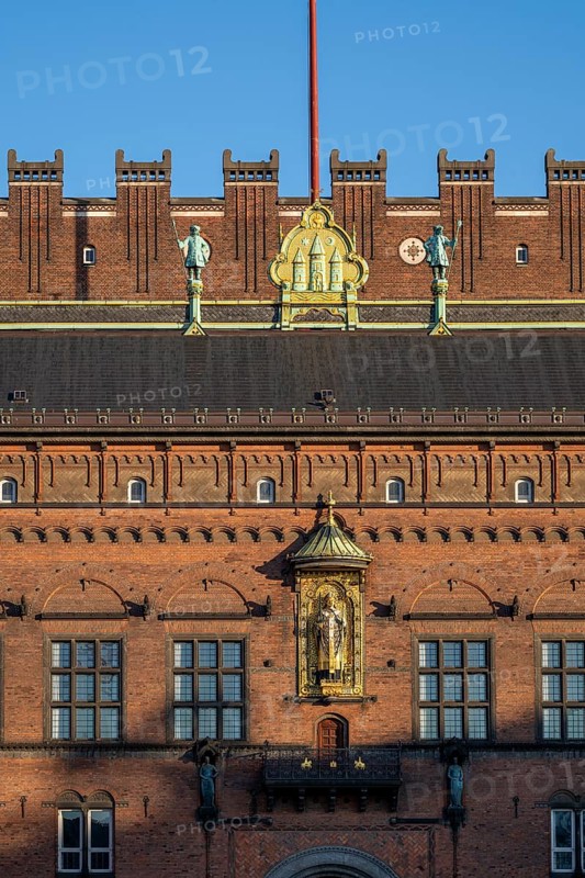 Brick façade with gilded sculpture of Bishop Absalon, Town Hall in the National Romantic style by Martin Nyrop, Town Hall Square, Rathausplatz or Rådhuspladsen, Copenhagen, Denmark, Europe