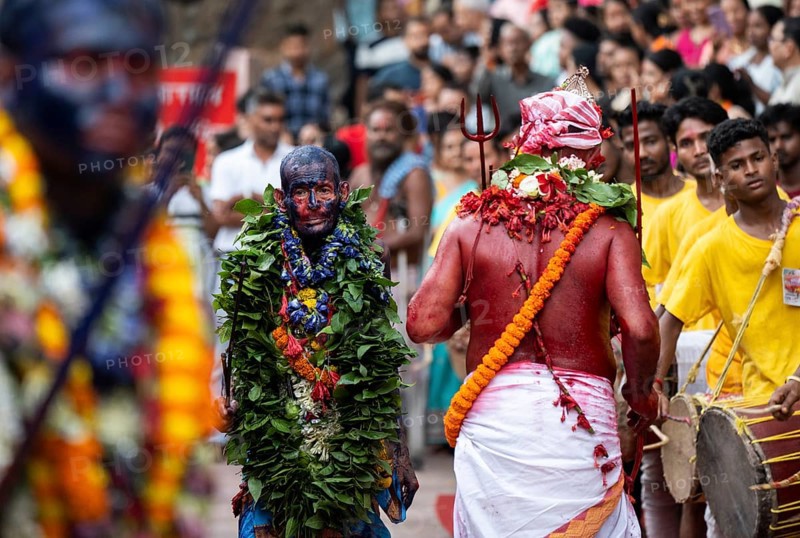 GUWAHATI, INDIA, AUGUST 19: Priests dance in the beat of Dhol (Drum) during the annual three-day-long Deodhani festival at the Kamakhya Temple on August 19, 2024 in Guwahati, India. The Deodhani festival is dedicated to Serpent Goddess Kamakhya, people believed that Goddess Kamakhya fulfills the wishes of the devotees who participate in this festival
