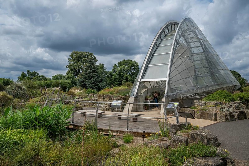 Davies Alpine House, modern greenhouse with curved glass structure and plants from the high mountains, Royal Botanic Gardens (Kew Gardens), UNESCO World Heritage Site, Kew, Greater London, England, United Kingdom, Europe