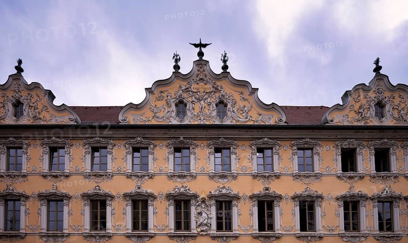 Stucco façade, Haus zum Falken, Falkenhaus, historic old town, Würzburg, Lower Franconia, Bavaria, Germany, Europe