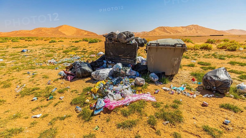 Scattered rubbish, environmental sins, near a green oasis in the Rub al Khali desert, Dhofar province, Arabian Peninsula, Sultanate of Oman
