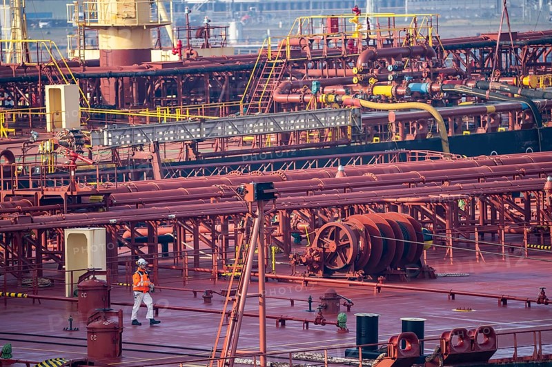 The crude oil tanker HOJO, in the seaport of Rotterdam, in the petroleum harbour, Europoort, ship personnel pipelines, Rotterdam, Netherlands