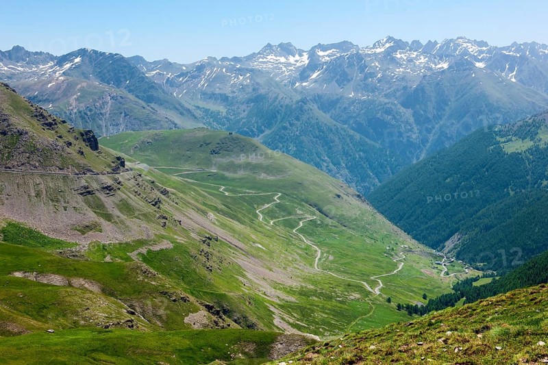 View of road in high Alps Mountain road Alpine road above tree line Pass road Pass Alpine pass Col des Granges Communes Col de Raspaillon, south east ramp East ramp Road to Col de la Bonette, high mountains, Jausiers, Provence-Alpes-Cote d'Azur, Hautes-Alpes, Alpes-de-Haute-Provence, France, Europe