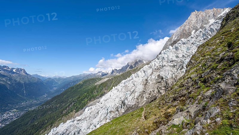 Mountain landscape with glacier Glacier des Bossons and summit of the Aiguille du Midi, Chamonix, Haute-Savoie, France, Europe