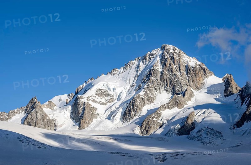 High alpine mountain landscape, summit of the Aiguille de Chardonnet and Glacier du Tour, glaciers and mountain peaks, Chamonix, Haute-Savoie, France, Europe