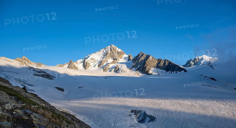 High alpine mountain landscape, summit of the Aiguille de Chardonnet and Glacier du Tour, glaciers and mountain peaks, Chamonix, Haute-Savoie, France, Europe
