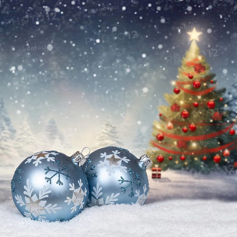 Christmas card for Christmas with Christmas baubles card and text free space Copyspace decoration in winter Christmas tree snow square in Stuttgart, Germany, Europe