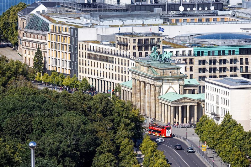 Brandenburg Tor. View from the panorama point Kollhoff-Tower at Potsdamer Platz, city view. Berlin, Germany, Europe