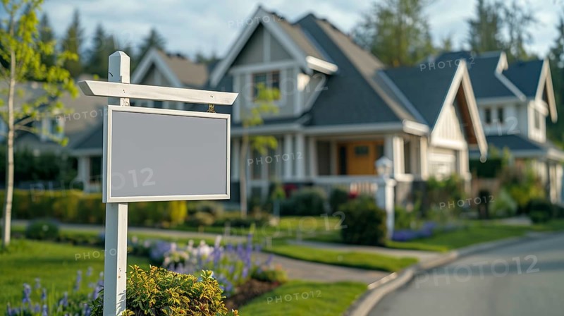 Blank real estate sign ready for your message in front of house. generative AI, AI generated