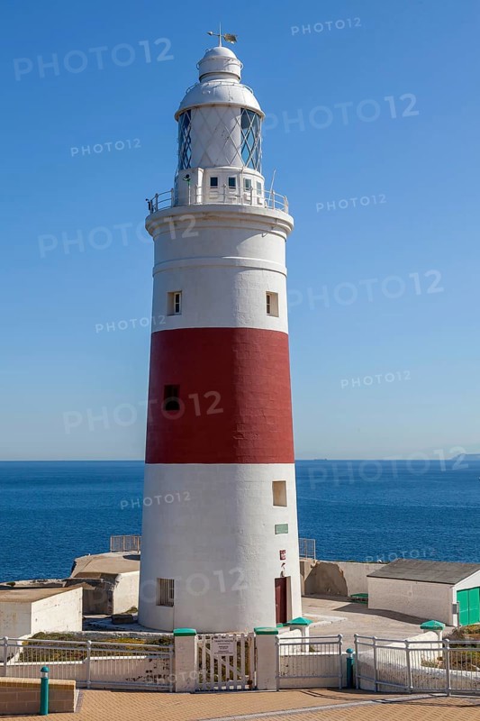 Red and white striped lighthouse at Europa Point, Gibraltar, British territory in southern Spain, Europe