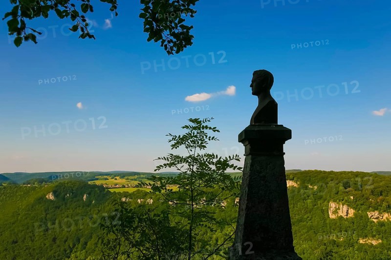 Bust of Wilhelm Hauff at Lichtenstein Castle, monument, stone figure, fairytale castle of Württemberg, Albtrauf, Honau, Lichtenstein, Reutlingen district, Swabian Alb, Baden-Württemberg, Germany, Europe