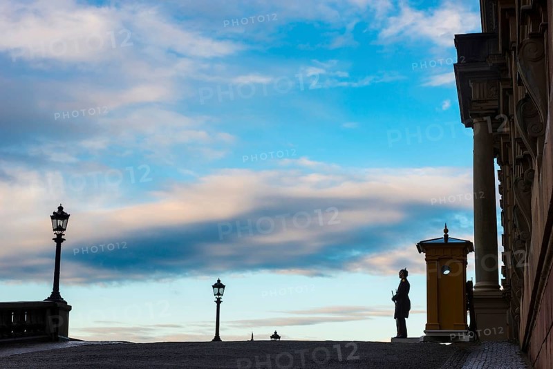 Silhouette of the royal palace in the evening sun, evening mood, guard, royal house, monarchy, centre, evening, building, famous, attraction, architecture, protection, guarded, evening sky, Stockholm, Sweden, Scandinavia, Europe