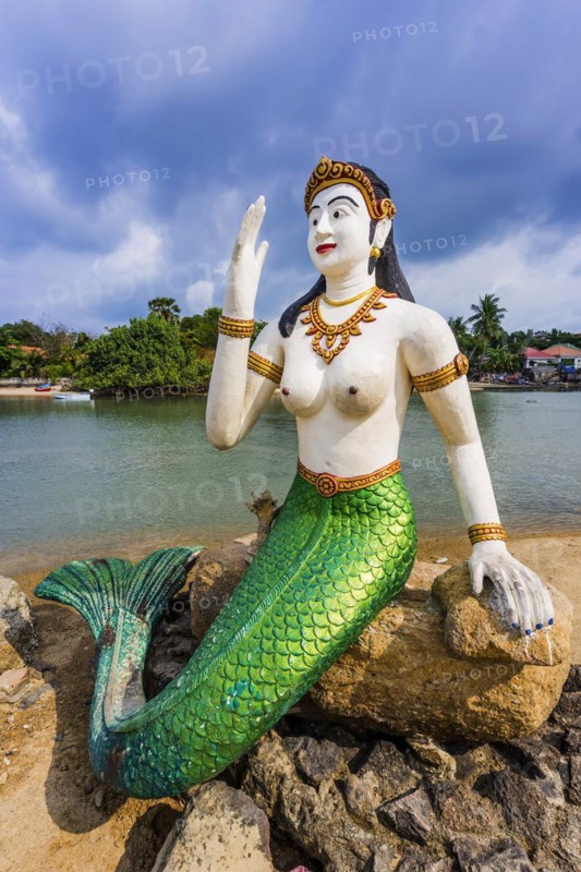 Sculptures at Wat Phra Yai, Buddhist temple, religion, Buddhism, figure, statue, sculpture, worship, God, sacred, world religion, spiritual, Buddha, Asian, deity, human figure, nude, mermaid, fish, fin, woman, monument, mythical creature, image, religious, travel, tourism, art, history, cultural history, cult, icon, public, Koh Samui, Thailand, Asia