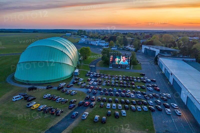 Drive-in cinema at Essen/Mülheim Airport Motor Movies, temporary film screening, at the WDL airship hangar, event in compliance with contact restrictions, effects of the corona crisis in Essen, Mülheim Germany