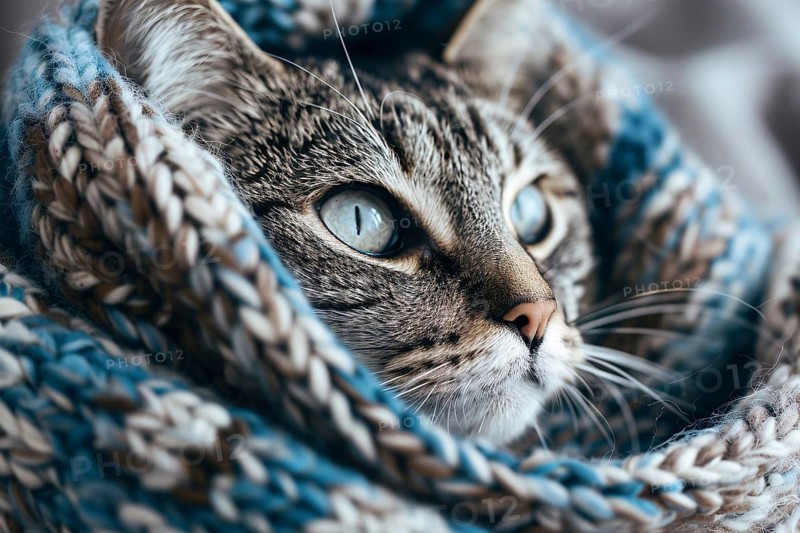 Cute tabby cat wrapped in cozy knitted blanket. Generative Ai, AI generated