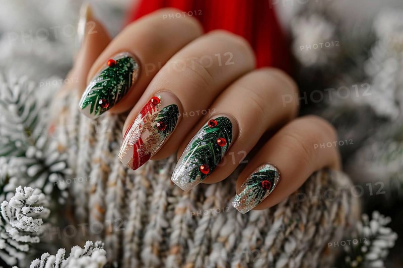 Woman's fingernails with red, green and white colored nail polish with seasonal Christmas design. Generative Ai, AI generated