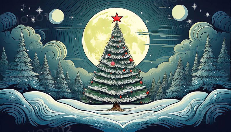 Illustration of a Christmas tree in a snowy landscape on a starry night with a full moon, AI-generated image, AI generated