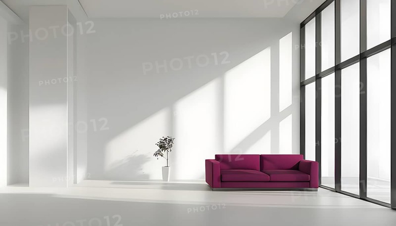 Minimalist living room with clean lines and neutral tones, featuring a modern magenta colored sofa, AI generated
