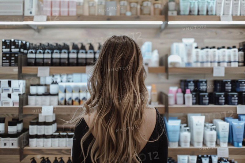 Young woman standing in front of shelves with cosmetic and makeup products in store. KI generiert, generiert, AI generated