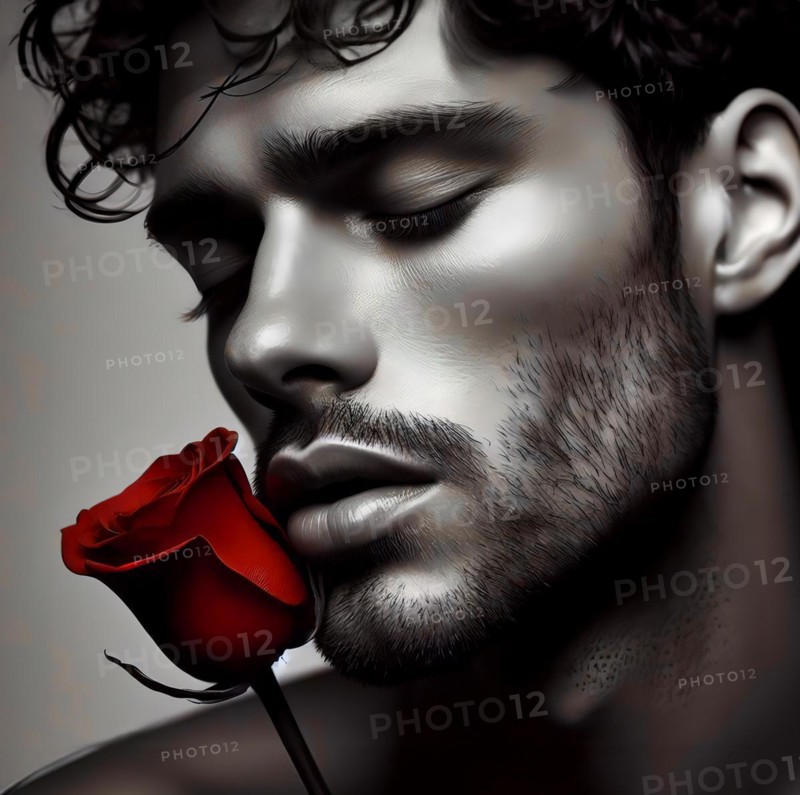 A young man, dreamy, with a red rose, symbolic image romantic, romance, dreaming, love, in love, feeling, AI generated