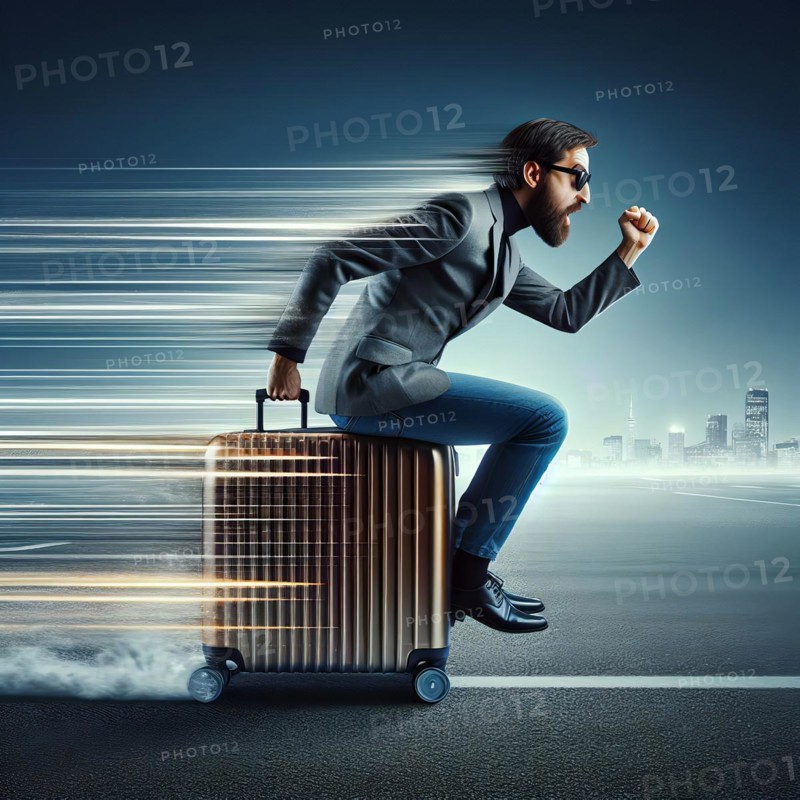 A man driving fast sitting on a rolling suitcase, symbolic image travel, travelling, luggage, suitcase, holiday, AI generated, AI generated