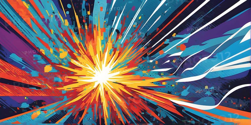 Abstract pop art comic illustration in vibrant colors with thunderbolt crackling across the canvas, AI generated