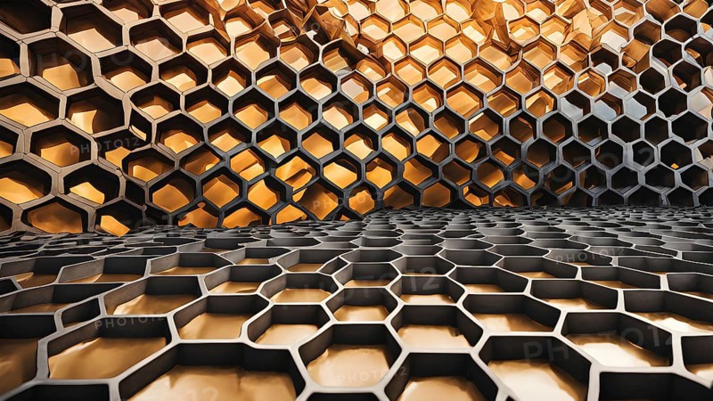 Abstract artwork based on the hexagonal patterns of a honeycomb highlighting efficient structural designs, AI generated