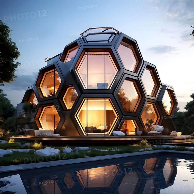 Modern residential house inspired by honeycomb hexagonal patterns, AI generated